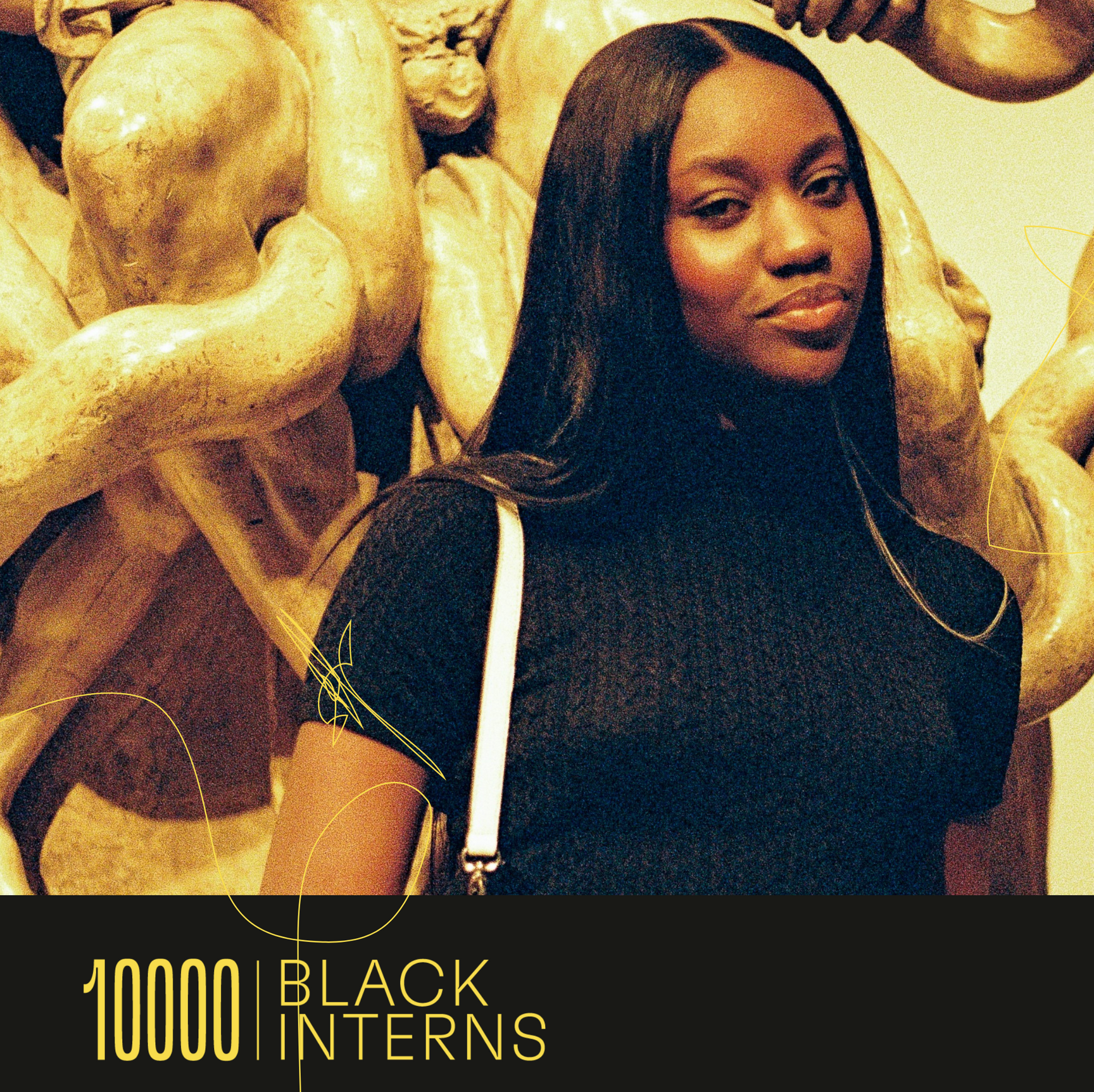 Woman in black shirt wearing a white purse representing 10000 Black Interns 